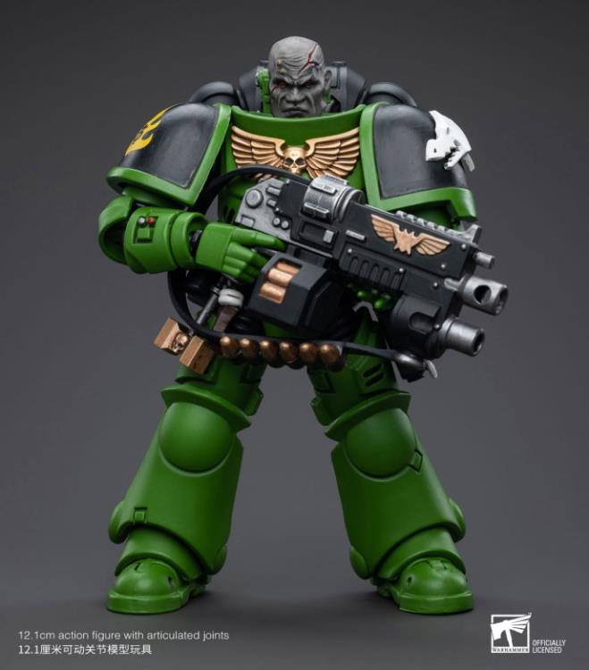 Hailing from a volcanic and unstable world, the Space Marine Chapter of the Salamanders take great care to avoid human casualties during their wars against Chaos. Deeply embedded in the Promeathan Cult, these warriors hone their skills to a lethal edge to protect Humanity. Each figure typically includes interchangeable hands and weapon accessories and stands between 4" and 6" tall.