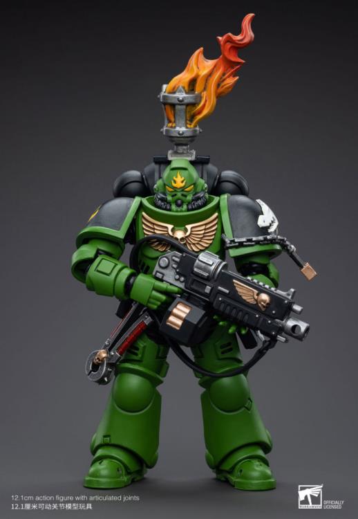 Hailing from a volcanic and unstable world, the Space Marine Chapter of the Salamanders take great care to avoid human casualties during their wars against Chaos. Deeply embedded in the Promeathan Cult, these warriors hone their skills to a lethal edge to protect Humanity. Each figure typically includes interchangeable hands and weapon accessories and stands between 4" and 6" tall.