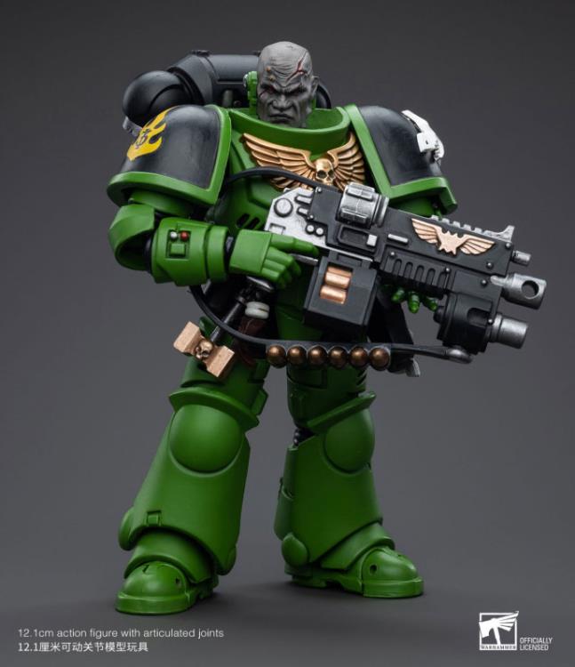 Hailing from a volcanic and unstable world, the Space Marine Chapter of the Salamanders take great care to avoid human casualties during their wars against Chaos. Deeply embedded in the Promeathan Cult, these warriors hone their skills to a lethal edge to protect Humanity. Each figure typically includes interchangeable hands and weapon accessories and stands between 4" and 6" tall.