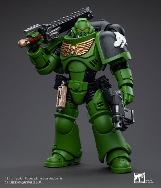Hailing from a volcanic and unstable world, the Space Marine Chapter of the Salamanders take great care to avoid human casualties during their wars against Chaos. Deeply embedded in the Promeathan Cult, these warriors hone their skills to a lethal edge to protect Humanity. Each figure typically includes interchangeable hands and weapon accessories and stands between 4" and 6" tall.