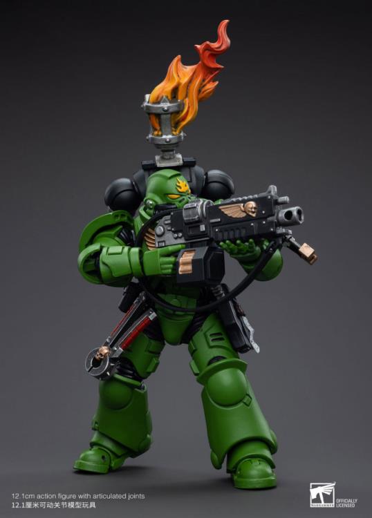 Hailing from a volcanic and unstable world, the Space Marine Chapter of the Salamanders take great care to avoid human casualties during their wars against Chaos. Deeply embedded in the Promeathan Cult, these warriors hone their skills to a lethal edge to protect Humanity. Each figure typically includes interchangeable hands and weapon accessories and stands between 4" and 6" tall.