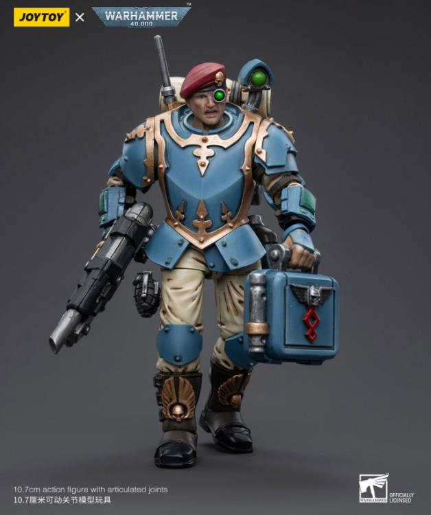 This is a 1/18 scale highly detailed, articulated figure based on Warhammer 40k's Tempestus Scion of the Astra Militarum Tempestus 55th Kappic Eagles. The Tempestus Scion figure stands about 4.20 inches tall and comes with several interchangeable parts and accessories, opening the door to a plethora of different and unique display opportunities.