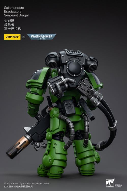 Hailing from a volcanic and unstable world, the Space Marine Chapter of the Salamanders take great care to avoid human casualties during their wars against Chaos. Deeply embedded in the Promeathan Cult, these warriors hone their skills to a lethal edge to protect Humanity. Each figure typically includes interchangeable hands and weapon accessories and stands between 4" and 6" tall.