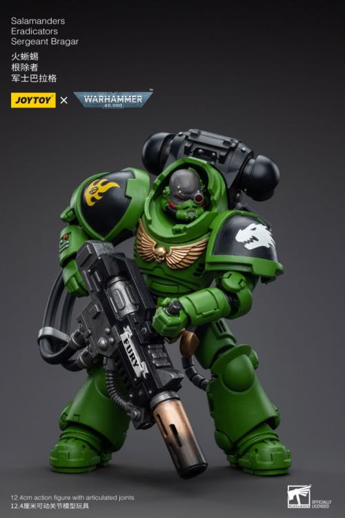 Hailing from a volcanic and unstable world, the Space Marine Chapter of the Salamanders take great care to avoid human casualties during their wars against Chaos. Deeply embedded in the Promeathan Cult, these warriors hone their skills to a lethal edge to protect Humanity. Each figure typically includes interchangeable hands and weapon accessories and stands between 4" and 6" tall.