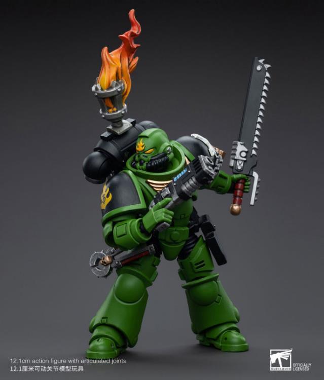 Hailing from a volcanic and unstable world, the Space Marine Chapter of the Salamanders take great care to avoid human casualties during their wars against Chaos. Deeply embedded in the Promeathan Cult, these warriors hone their skills to a lethal edge to protect Humanity. Each figure typically includes interchangeable hands and weapon accessories and stands between 4" and 6" tall.
