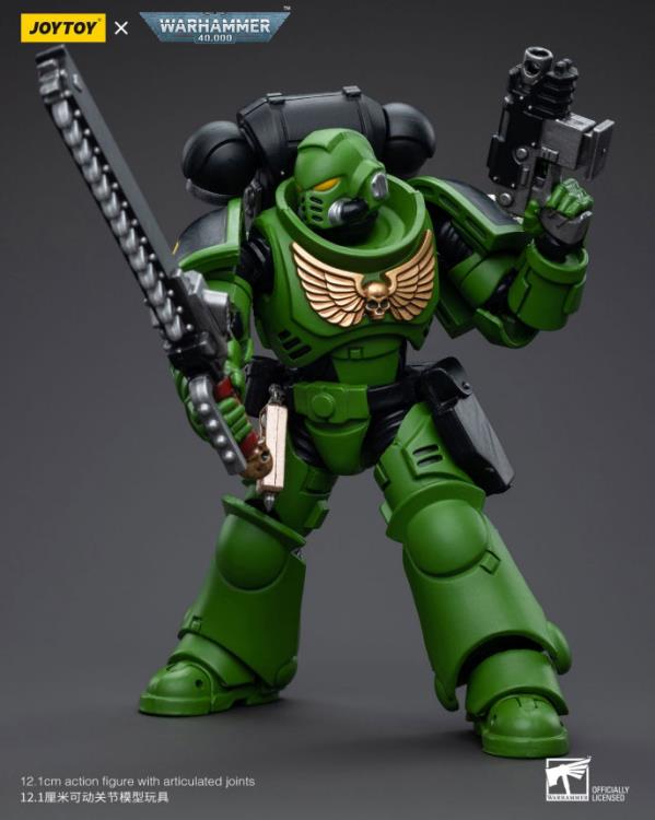 Hailing from a volcanic and unstable world, the Space Marine Chapter of the Salamanders take great care to avoid human casualties during their wars against Chaos. Deeply embedded in the Promeathan Cult, these warriors hone their skills to a lethal edge to protect Humanity. Each figure typically includes interchangeable hands and weapon accessories and stands between 4" and 6" tall.