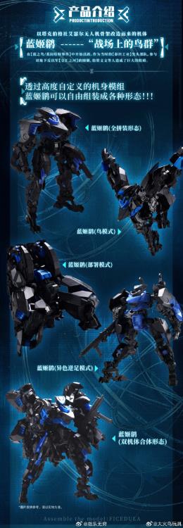 Big Fire Bird is proud to introduce new entries into their popular Strange Bird series: Ficedula Blue Flycatcher! Capable of being assembled into various forms, including robot mode, bird mode, deployment mode, reverse foot mode, and dual body combined form! The pieces can also be assembled with other 3mm figures and kits. Other figures shown not included.