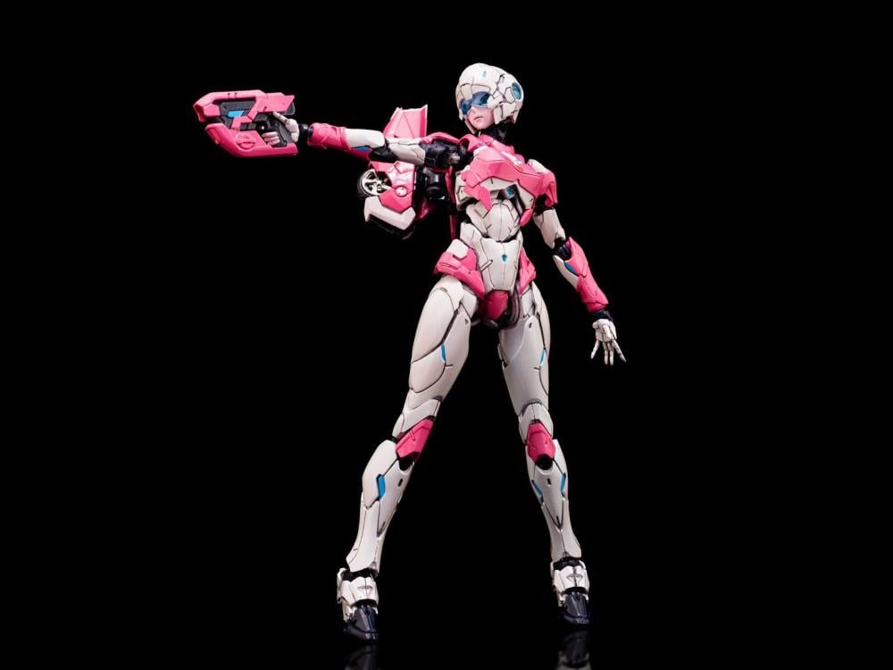 Arcee joins the Furai model kit line! Once complete this Arcee model kit becomes a fully articulated figure that will be sure to stand out in any Transformers collection!