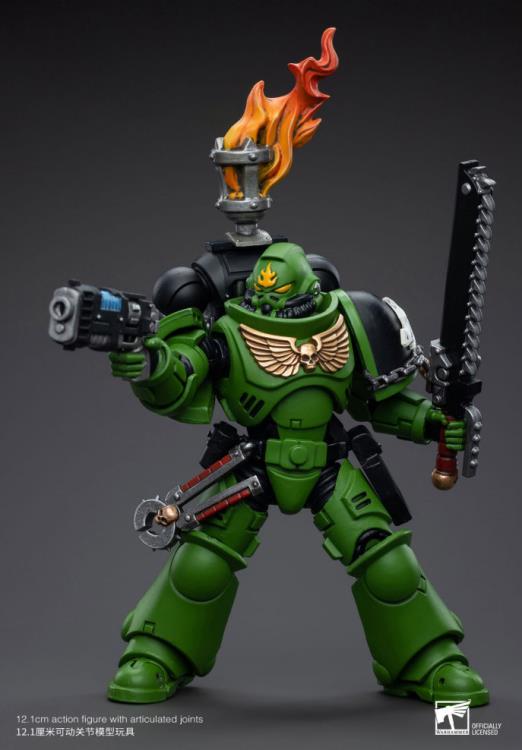 Hailing from a volcanic and unstable world, the Space Marine Chapter of the Salamanders take great care to avoid human casualties during their wars against Chaos. Deeply embedded in the Promeathan Cult, these warriors hone their skills to a lethal edge to protect Humanity. Each figure typically includes interchangeable hands and weapon accessories and stands between 4" and 6" tall.