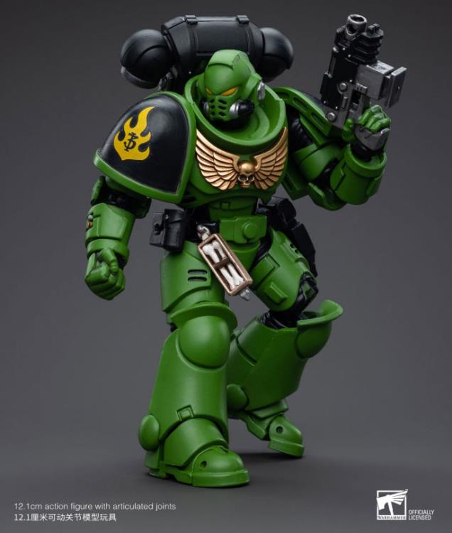 Hailing from a volcanic and unstable world, the Space Marine Chapter of the Salamanders take great care to avoid human casualties during their wars against Chaos. Deeply embedded in the Promeathan Cult, these warriors hone their skills to a lethal edge to protect Humanity. Each figure typically includes interchangeable hands and weapon accessories and stands between 4" and 6" tall.