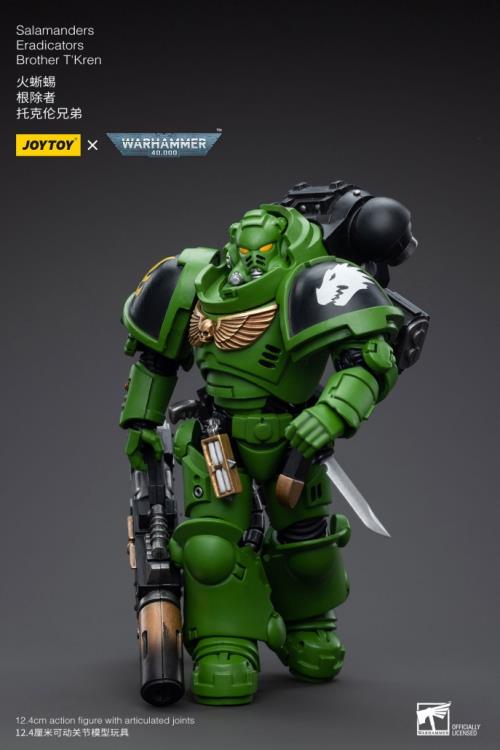 Hailing from a volcanic and unstable world, the Space Marine Chapter of the Salamanders take great care to avoid human casualties during their wars against Chaos. Deeply embedded in the Promeathan Cult, these warriors hone their skills to a lethal edge to protect Humanity. Each figure typically includes interchangeable hands and weapon accessories and stands between 4" and 6" tall. Wielding a deadly flamethrower, Brother T'Kren has a grim satisfaction of leaving purifying flames in his wake.