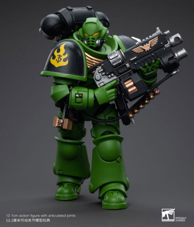Hailing from a volcanic and unstable world, the Space Marine Chapter of the Salamanders take great care to avoid human casualties during their wars against Chaos. Deeply embedded in the Promeathan Cult, these warriors hone their skills to a lethal edge to protect Humanity. Each figure typically includes interchangeable hands and weapon accessories and stands between 4" and 6" tall.