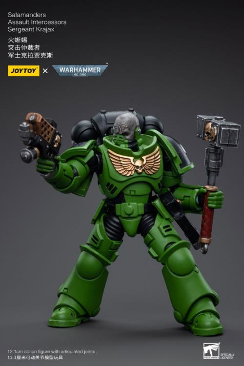 Hailing from a volcanic and unstable world, the Space Marine Chapter of the Salamanders take great care to avoid human casualties during their wars against Chaos. Deeply embedded in the Promeathan Cult, these warriors hone their skills to a lethal edge to protect Humanity. Each figure typically includes interchangeable hands and weapon accessories and stands between 4" and 6" tall. Sergeant Krajax leads his men into the fray as many times as it takes to complete the mission, regardless of casualties.