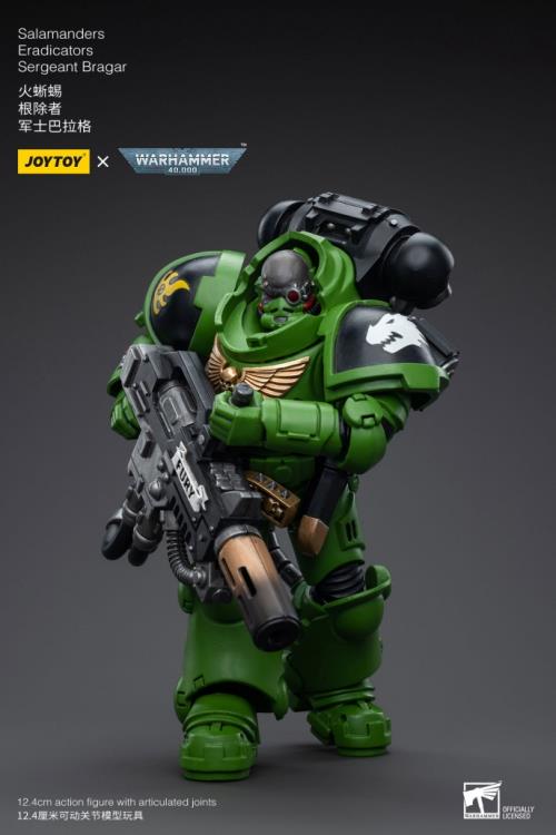 Hailing from a volcanic and unstable world, the Space Marine Chapter of the Salamanders take great care to avoid human casualties during their wars against Chaos. Deeply embedded in the Promeathan Cult, these warriors hone their skills to a lethal edge to protect Humanity. Each figure typically includes interchangeable hands and weapon accessories and stands between 4" and 6" tall.
