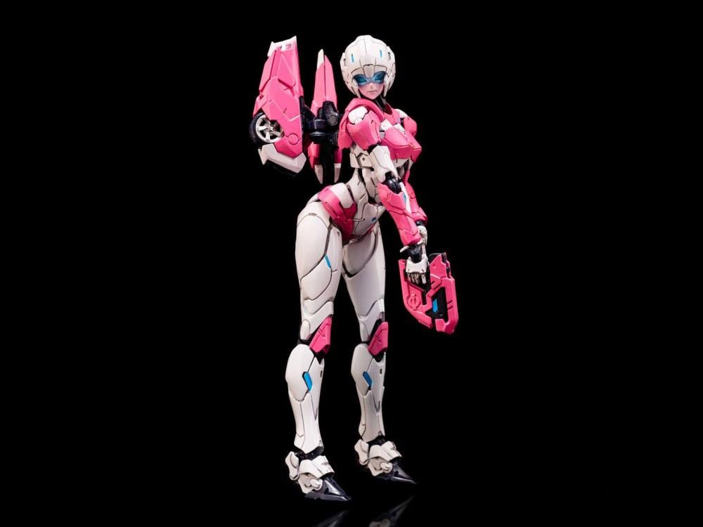 Arcee joins the Furai model kit line! Once complete this Arcee model kit becomes a fully articulated figure that will be sure to stand out in any Transformers collection!