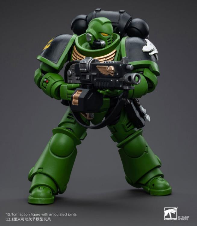 Hailing from a volcanic and unstable world, the Space Marine Chapter of the Salamanders take great care to avoid human casualties during their wars against Chaos. Deeply embedded in the Promeathan Cult, these warriors hone their skills to a lethal edge to protect Humanity. Each figure typically includes interchangeable hands and weapon accessories and stands between 4" and 6" tall.