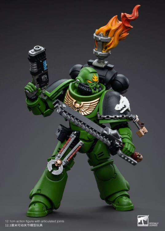 Hailing from a volcanic and unstable world, the Space Marine Chapter of the Salamanders take great care to avoid human casualties during their wars against Chaos. Deeply embedded in the Promeathan Cult, these warriors hone their skills to a lethal edge to protect Humanity. Each figure typically includes interchangeable hands and weapon accessories and stands between 4" and 6" tall.