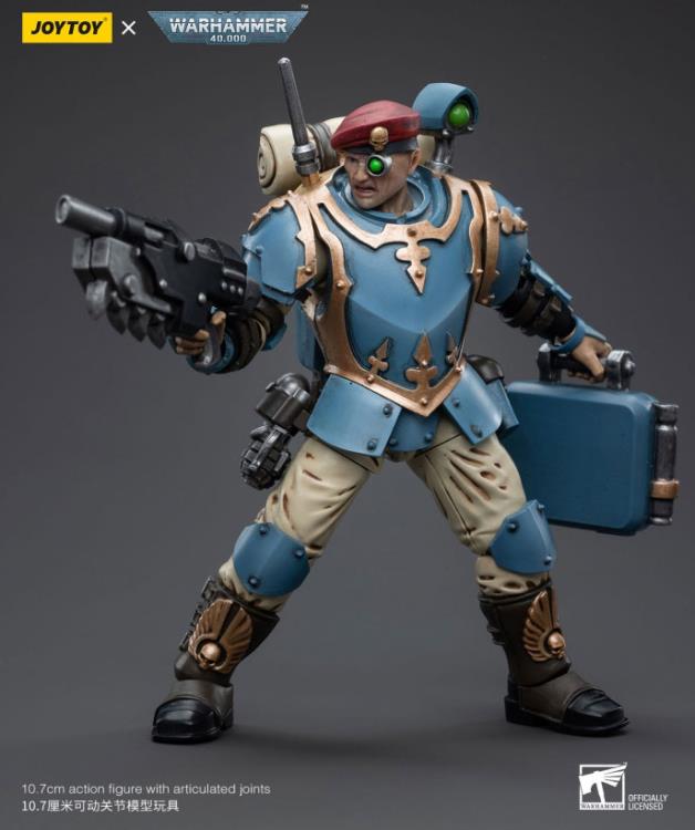This is a 1/18 scale highly detailed, articulated figure based on Warhammer 40k's Tempestus Scion of the Astra Militarum Tempestus 55th Kappic Eagles. The Tempestus Scion figure stands about 4.20 inches tall and comes with several interchangeable parts and accessories, opening the door to a plethora of different and unique display opportunities.
