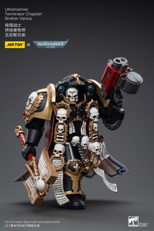 When the frontline forces of the Ultramarines Chapter need protection and durability to penetrate enemy lines, they call upon the bravest of their brothers to don their most sacred relics: the Terminator armor. Decorating his armor with the skulls of cowards who have fled the battlefield, Chaplin Brother Vanius rallys his brothers with inspiraitional fear of what awaits those who fail their sacred mission.