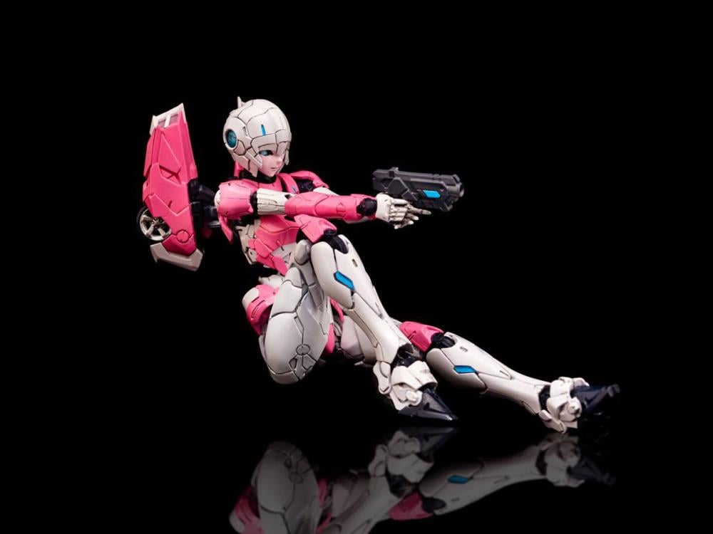 Arcee joins the Furai model kit line! Once complete this Arcee model kit becomes a fully articulated figure that will be sure to stand out in any Transformers collection!