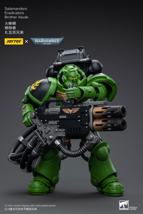 Hailing from a volcanic and unstable world, the Space Marine Chapter of the Salamanders take great care to avoid human casualties during their wars against Chaos. Deeply embedded in the Promeathan Cult, these warriors hone their skills to a lethal edge to protect Humanity. Each figure typically includes interchangeable hands and weapon accessories and stands between 4" and 6" tall.