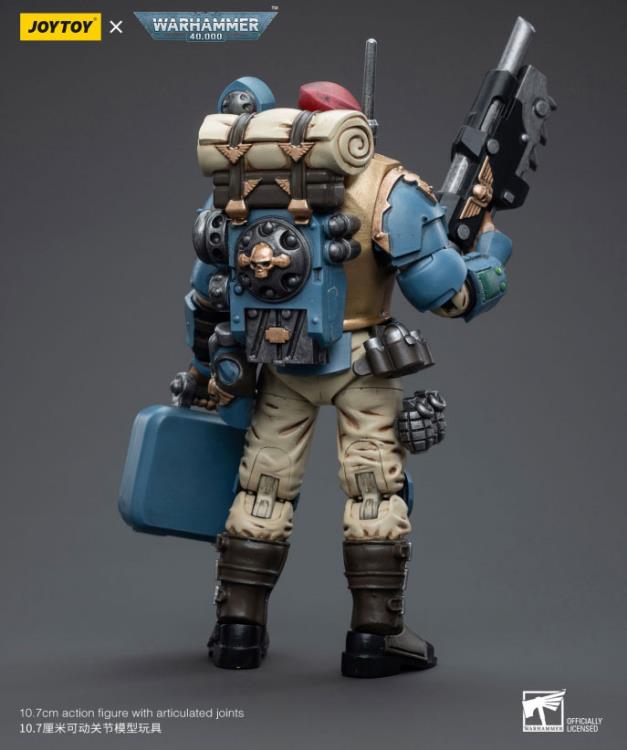 This is a 1/18 scale highly detailed, articulated figure based on Warhammer 40k's Tempestus Scion of the Astra Militarum Tempestus 55th Kappic Eagles. The Tempestus Scion figure stands about 4.20 inches tall and comes with several interchangeable parts and accessories, opening the door to a plethora of different and unique display opportunities.