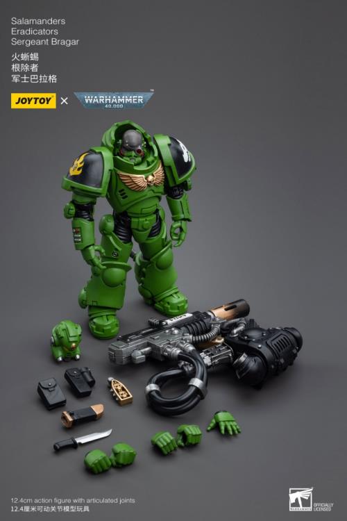 Hailing from a volcanic and unstable world, the Space Marine Chapter of the Salamanders take great care to avoid human casualties during their wars against Chaos. Deeply embedded in the Promeathan Cult, these warriors hone their skills to a lethal edge to protect Humanity. Each figure typically includes interchangeable hands and weapon accessories and stands between 4" and 6" tall.