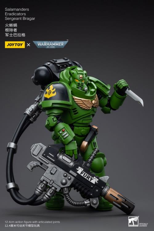 Hailing from a volcanic and unstable world, the Space Marine Chapter of the Salamanders take great care to avoid human casualties during their wars against Chaos. Deeply embedded in the Promeathan Cult, these warriors hone their skills to a lethal edge to protect Humanity. Each figure typically includes interchangeable hands and weapon accessories and stands between 4" and 6" tall.