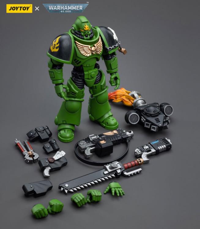 Hailing from a volcanic and unstable world, the Space Marine Chapter of the Salamanders take great care to avoid human casualties during their wars against Chaos. Deeply embedded in the Promeathan Cult, these warriors hone their skills to a lethal edge to protect Humanity. Each figure typically includes interchangeable hands and weapon accessories and stands between 4" and 6" tall.