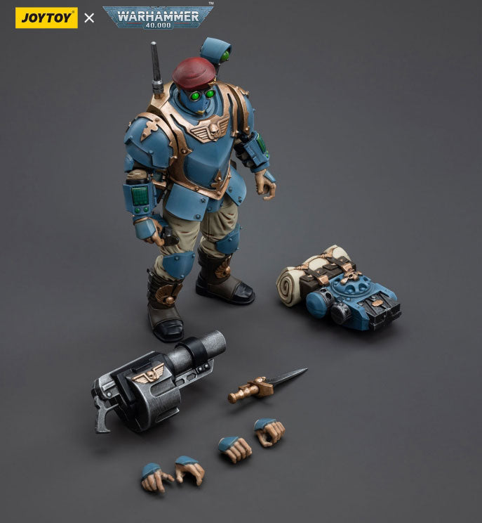 This is a 1/18 scale highly detailed, articulated figure based on Warhammer 40k's Tempestus Scion of the Astra Militarum Tempestus 55th Kappic Eagles. The Tempestus Scion figure stands about 4.20 inches tall and comes with several interchangeable parts and accessories, opening the door to a plethora of different and unique display opportunities.