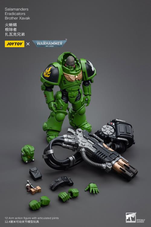 Hailing from a volcanic and unstable world, the Space Marine Chapter of the Salamanders take great care to avoid human casualties during their wars against Chaos. Deeply embedded in the Promeathan Cult, these warriors hone their skills to a lethal edge to protect Humanity. Each figure typically includes interchangeable hands and weapon accessories and stands between 4" and 6" tall.