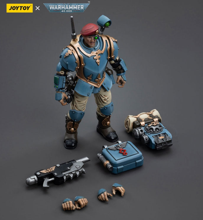 This is a 1/18 scale highly detailed, articulated figure based on Warhammer 40k's Tempestus Scion of the Astra Militarum Tempestus 55th Kappic Eagles. The Tempestus Scion figure stands about 4.20 inches tall and comes with several interchangeable parts and accessories, opening the door to a plethora of different and unique display opportunities.