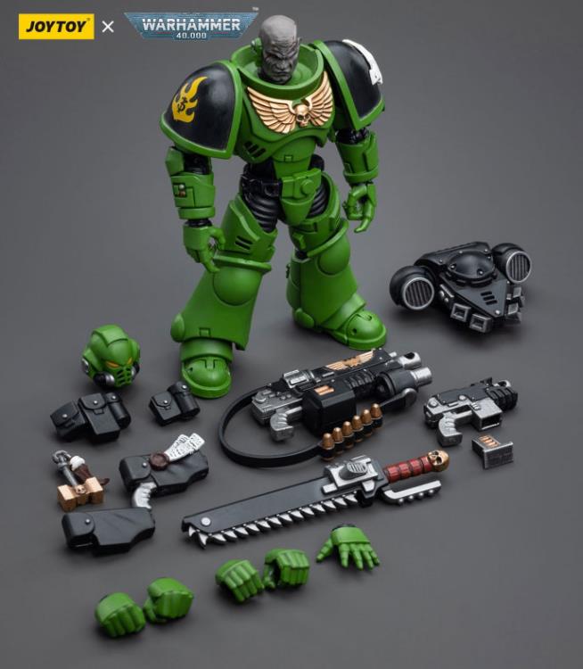 Hailing from a volcanic and unstable world, the Space Marine Chapter of the Salamanders take great care to avoid human casualties during their wars against Chaos. Deeply embedded in the Promeathan Cult, these warriors hone their skills to a lethal edge to protect Humanity. Each figure typically includes interchangeable hands and weapon accessories and stands between 4" and 6" tall.