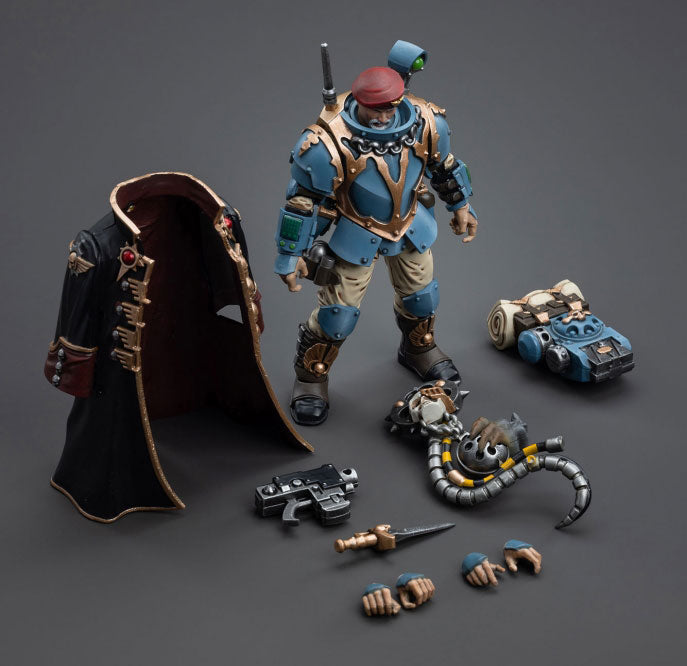 This is a 1/18 scale highly detailed, articulated figure based on Warhammer 40k's Tempestus Scion of the Astra Militarum Tempestus 55th Kappic Eagles. The Tempestus Scion figure stands about 4.20 inches tall and comes with several interchangeable parts and accessories, opening the door to a plethora of different and unique display opportunities.