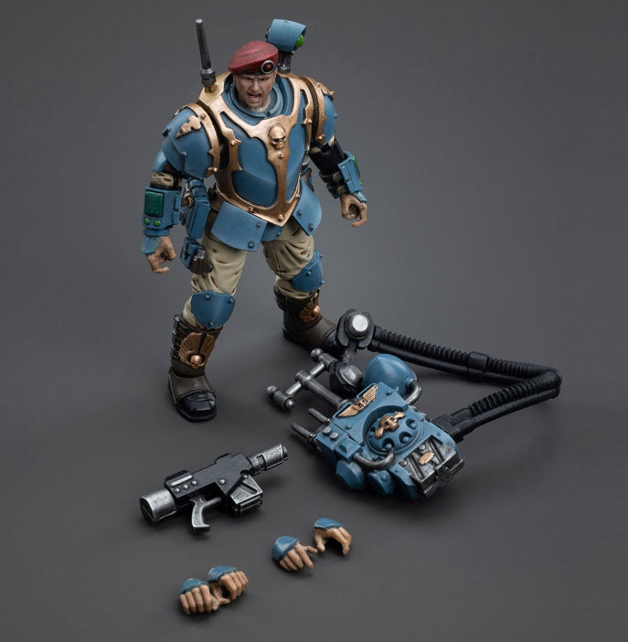 This is a 1/18 scale highly detailed, articulated figure based on Warhammer 40k's Tempestus Scion of the Astra Militarum Tempestus 55th Kappic Eagles. The Tempestus Scion figure stands about 4.20 inches tall and comes with several interchangeable parts and accessories, opening the door to a plethora of different and unique display opportunities.
