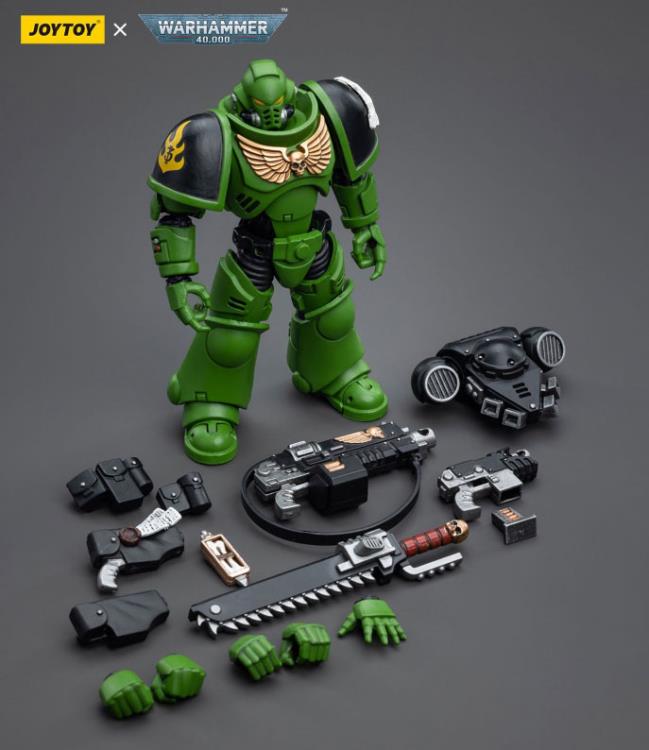 Hailing from a volcanic and unstable world, the Space Marine Chapter of the Salamanders take great care to avoid human casualties during their wars against Chaos. Deeply embedded in the Promeathan Cult, these warriors hone their skills to a lethal edge to protect Humanity. Each figure typically includes interchangeable hands and weapon accessories and stands between 4" and 6" tall.