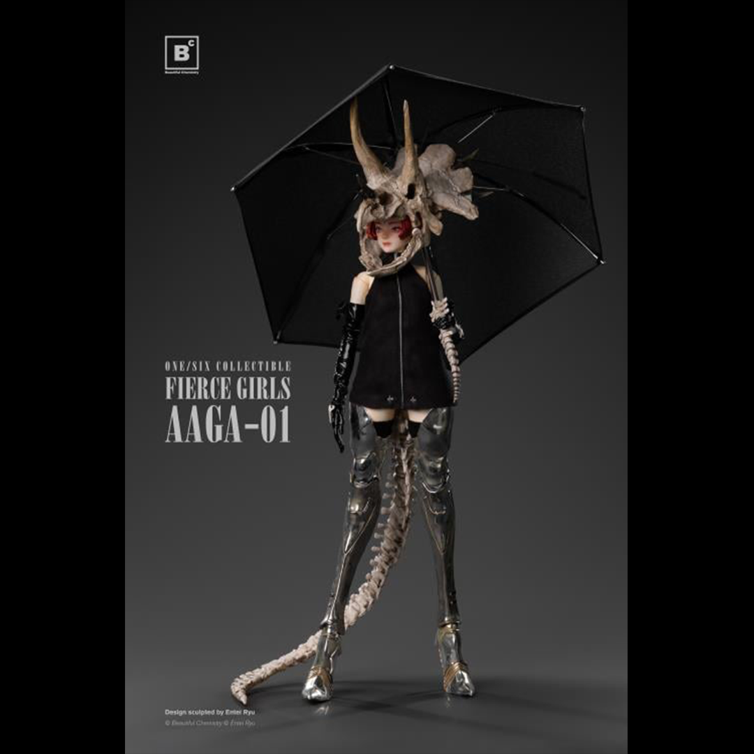 Beautiful Chemistry and artist Entei Ryu have teamed up to create the Fierce Girls Series Bone Girl (Triceratops) 1/6 scale figure. The figure features a woman wearing a black mini-dress, black elbow-length gloves, as well as a triceratops skull and a long bone tail. She is also wearing thigh-length silver armored boots and comes with a bone-handled umbrella, metal chain and dinosaur charms.