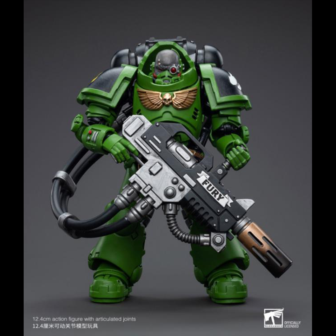 Hailing from a volcanic and unstable world, the Space Marine Chapter of the Salamanders take great care to avoid human casualties during their wars against Chaos. Deeply embedded in the Promeathan Cult, these warriors hone their skills to a lethal edge to protect Humanity. Each figure typically includes interchangeable hands and weapon accessories and stands between 4" and 6" tall.