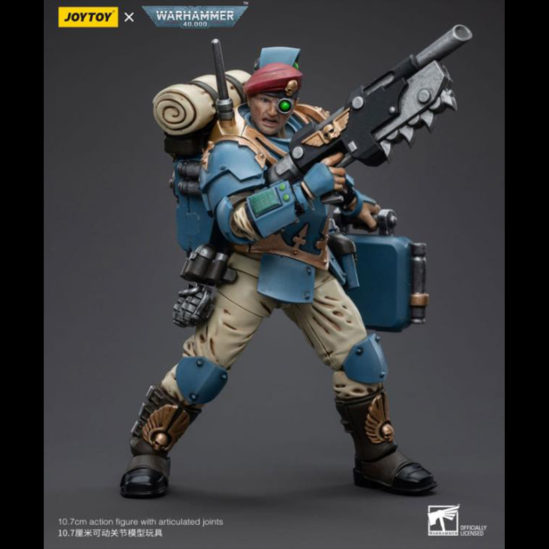 This is a 1/18 scale highly detailed, articulated figure based on Warhammer 40k's Tempestus Scion of the Astra Militarum Tempestus 55th Kappic Eagles. The Tempestus Scion figure stands about 4.20 inches tall and comes with several interchangeable parts and accessories, opening the door to a plethora of different and unique display opportunities.