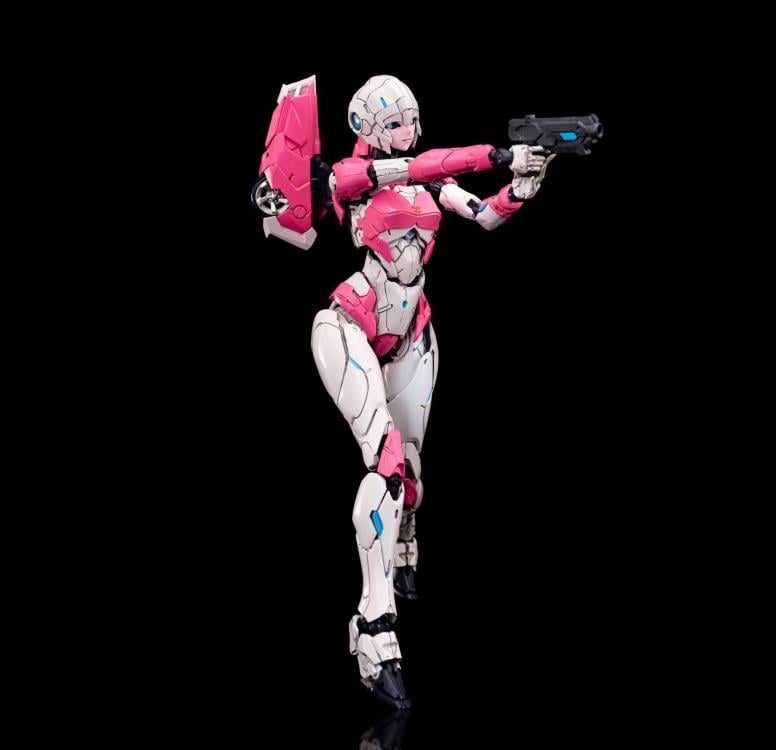 Arcee joins the Furai model kit line! Once complete this Arcee model kit becomes a fully articulated figure that will be sure to stand out in any Transformers collection!
