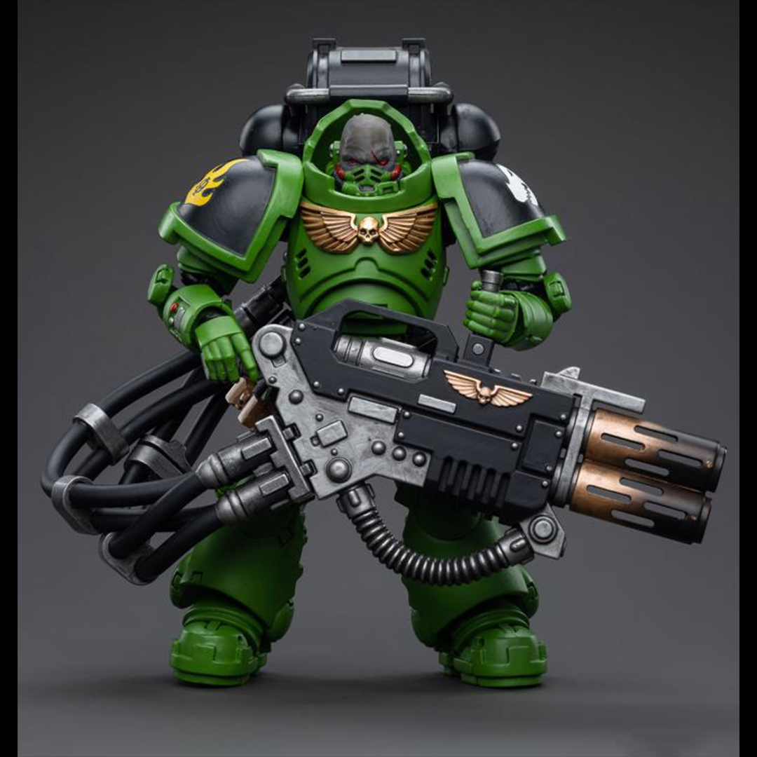 Hailing from a volcanic and unstable world, the Space Marine Chapter of the Salamanders take great care to avoid human casualties during their wars against Chaos. Deeply embedded in the Promeathan Cult, these warriors hone their skills to a lethal edge to protect Humanity. Each figure typically includes interchangeable hands and weapon accessories and stands between 4" and 6" tall.