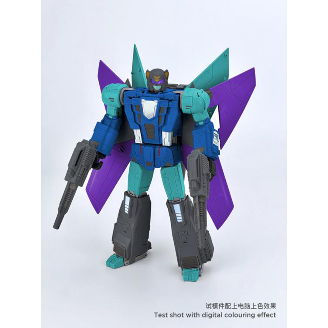 From Fans Hobby comes the Master Builder MB-24A Dark Strike converting robot. This robot features a green, blue, purple, and gray color scheme and can convert into a jet. This highly detailed Dark Strike figure will be a terrific addition to any collection.