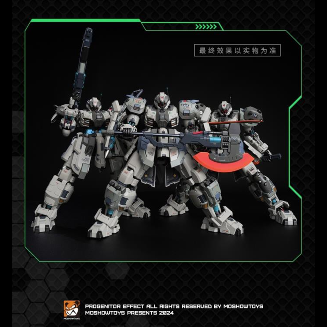 MoShow Toys presents the next line of figures in the Illustrious Class of their Progenitor Effect series of unique mecha action figures: Team Foxhound! 
The Team Foxhound set includes three variations of the Butcher mecha: Standard, Melee, and Breaker.
The standard version features a shield, beam assault rifle, and a rocket launcher. The breaker version features a heavy shock baton, a beam assault rifle, a pair of assault shields, and a thermal battle axe. The melee version features a pair of combat claws