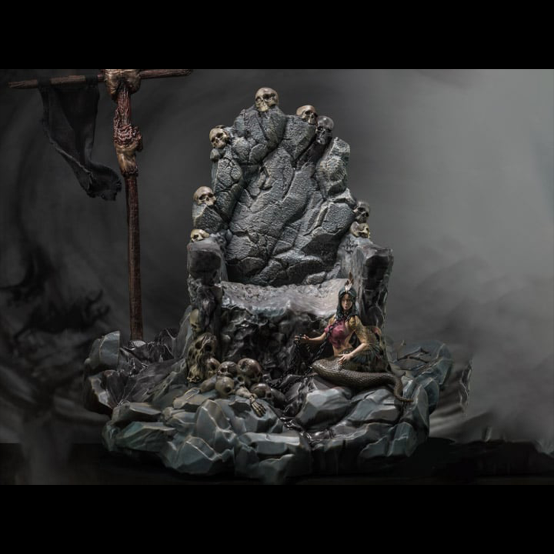 Nottaa Collections are proud to introduce, for the first time, a statue-grade scenic component, the Bone Crown Lion Soul Throne. From the harrowing Bone Crown Throne to the Feathered Serpent Yao attendant of the Lion King, and the ominous Soul Capturing Battle Flag, each piece tells a story of the many ambitious souls who ventured here with dreams of grandeur, only to vanish without a trace, adding a layer of legend to the collection. Cyan Lion figure not included (sold separetely)