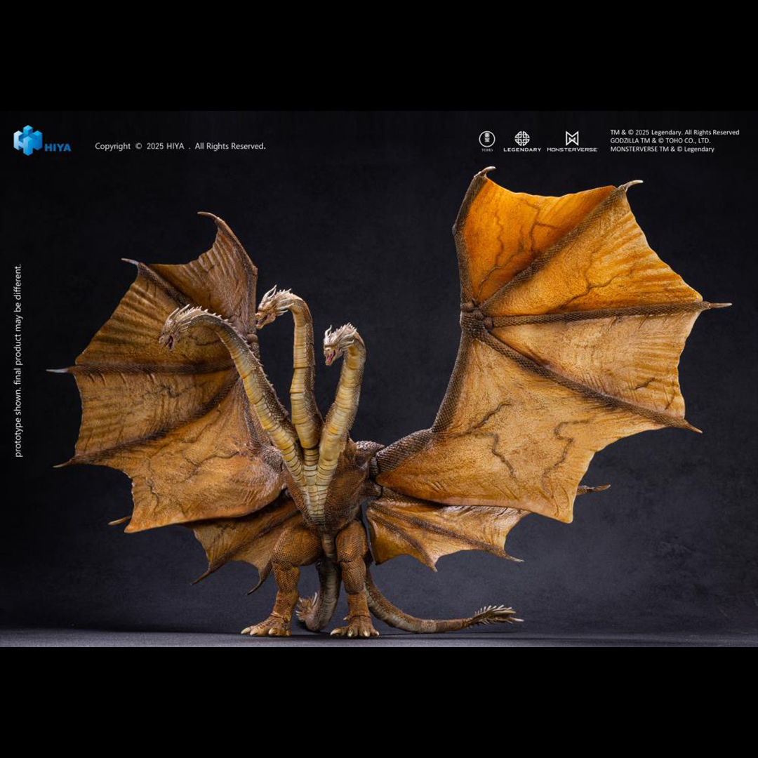 A PREVIEWS Exclusive! The apex predator and rival alpha to Godzilla returns! King Ghidorah 2.0 from Godzilla: King of the Monsters (2019) joins the Hiya EXQUISITE BASIC Series in an upgraded form.
First discovered frozen in Antarctic ice at Outpost 32, King Ghidorah was unleashed to manipulate the Titans but proved impossible to control, challenging Godzilla’s dominance and commanding the others to wreak havoc. This newly designed figure stands an impressive 13.5" tall with a massive 22" wingspan, capturin