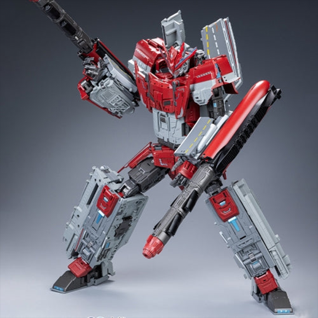 Produced by Chinese manufacturer TOYSEASY, this original diecast robot stands 13.4" tall and can transform into a 20.9" long aircraft carrier. It also forms the torso for a much larger robot combination.