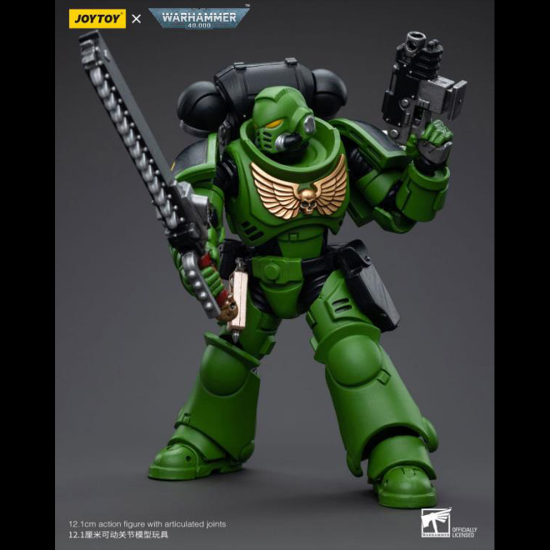Hailing from a volcanic and unstable world, the Space Marine Chapter of the Salamanders take great care to avoid human casualties during their wars against Chaos. Deeply embedded in the Promeathan Cult, these warriors hone their skills to a lethal edge to protect Humanity. Each figure typically includes interchangeable hands and weapon accessories and stands between 4" and 6" tall.