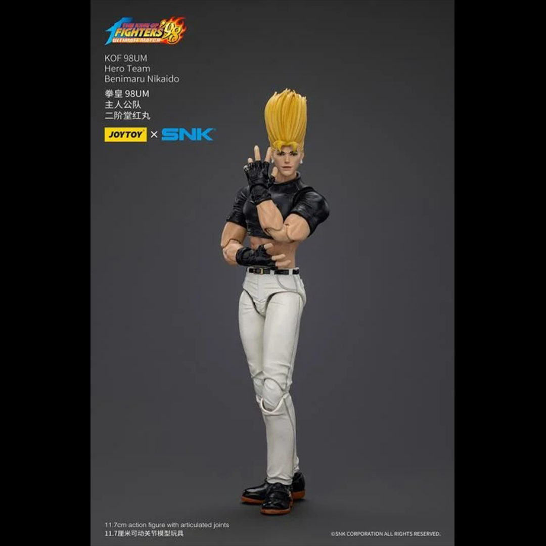 A new fighter is approaching! From the legendary fighting game The King of Fighters '98: Ultimate Match comes the next challenger in 1/18 scale: Benimaru Nikaido! Dressed in his traditional black and white outfit, Benimaru comes with a large variety of accessories including energy effects when executing a powerful move. Recreated with outstanding detail lifted directly from the game, you'll be able to re-enact your favorite brawls or envision your own high stakes fights in style! Don't miss out on growing y