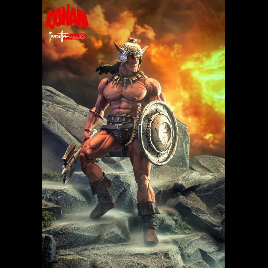 Born of battle and forged in steel—Conan rises! The first official Conan The Barbarian® figure from ICON Collectibles™ has arrived.
Featuring premium articulation and lifelike sculpting, this collectible brings Frank Frazetta’s iconic vision of Robert E. Howard’s warrior to life. The Cimmerian is armed with two swappable portrait heads, multiple handsets, and a fearsome arsenal of weapons.