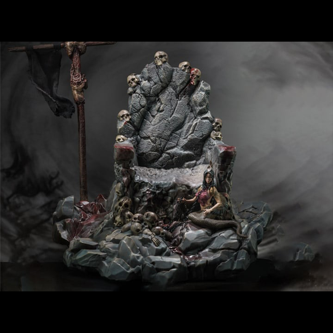 Nottaa Collections are proud to introduce, for the first time, a statue-grade scenic component, the Bone Crown Lion Soul Throne. From the harrowing Bone Crown Throne to the Feathered Serpent Yao attendant of the Lion King, and the ominous Soul Capturing Battle Flag, each piece tells a story of the many ambitious souls who ventured here with dreams of grandeur, only to vanish without a trace, adding a layer of legend to the collection. This version features bloody paint applications.